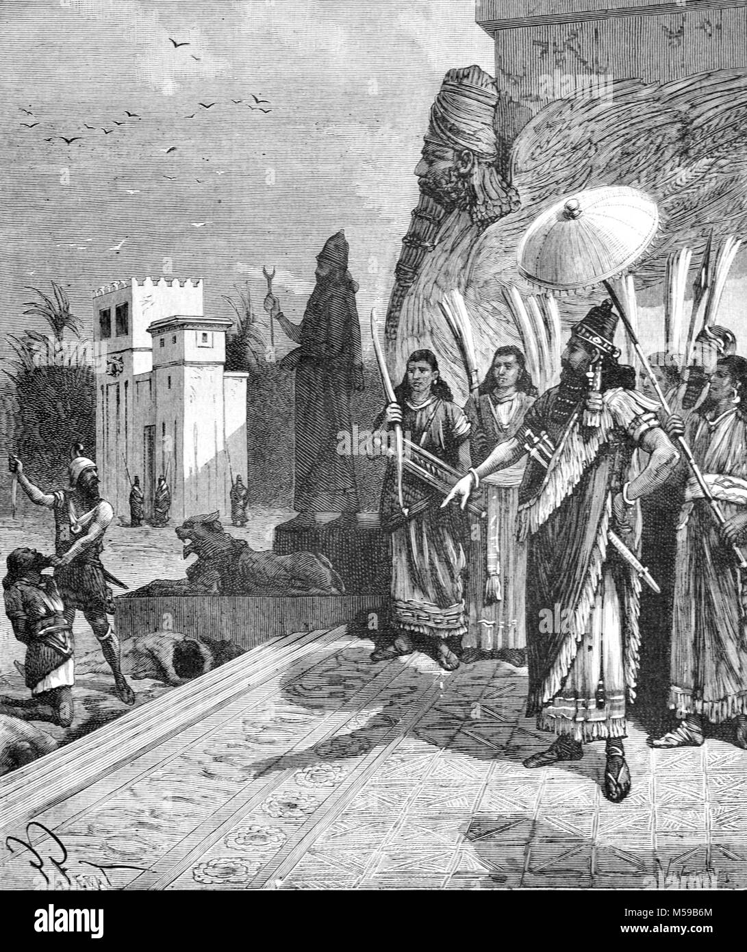 Assyrian King Orders Execution of Prisoners or Captives in the Assyrian Capital of Assur or Nineveh, Mesopotamia, present-day Iraq (Engraving, 1889) Stock Photo