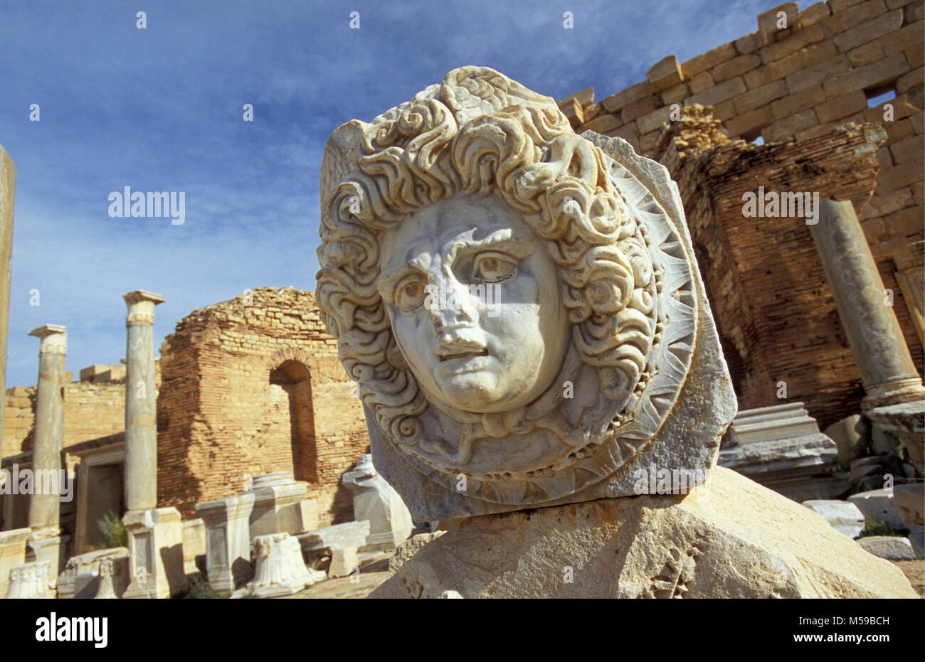 Libya. Tripoli. Leptis Magna. Roman ruins. Statue at Leptis Magna Ruins. Unesco, World Heritage Site. Archaeological Site of Leptis Magna. Stock Photo