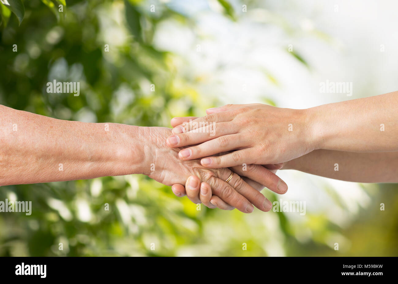 close up of senior and young woman holding hands Stock Photo - Alamy
