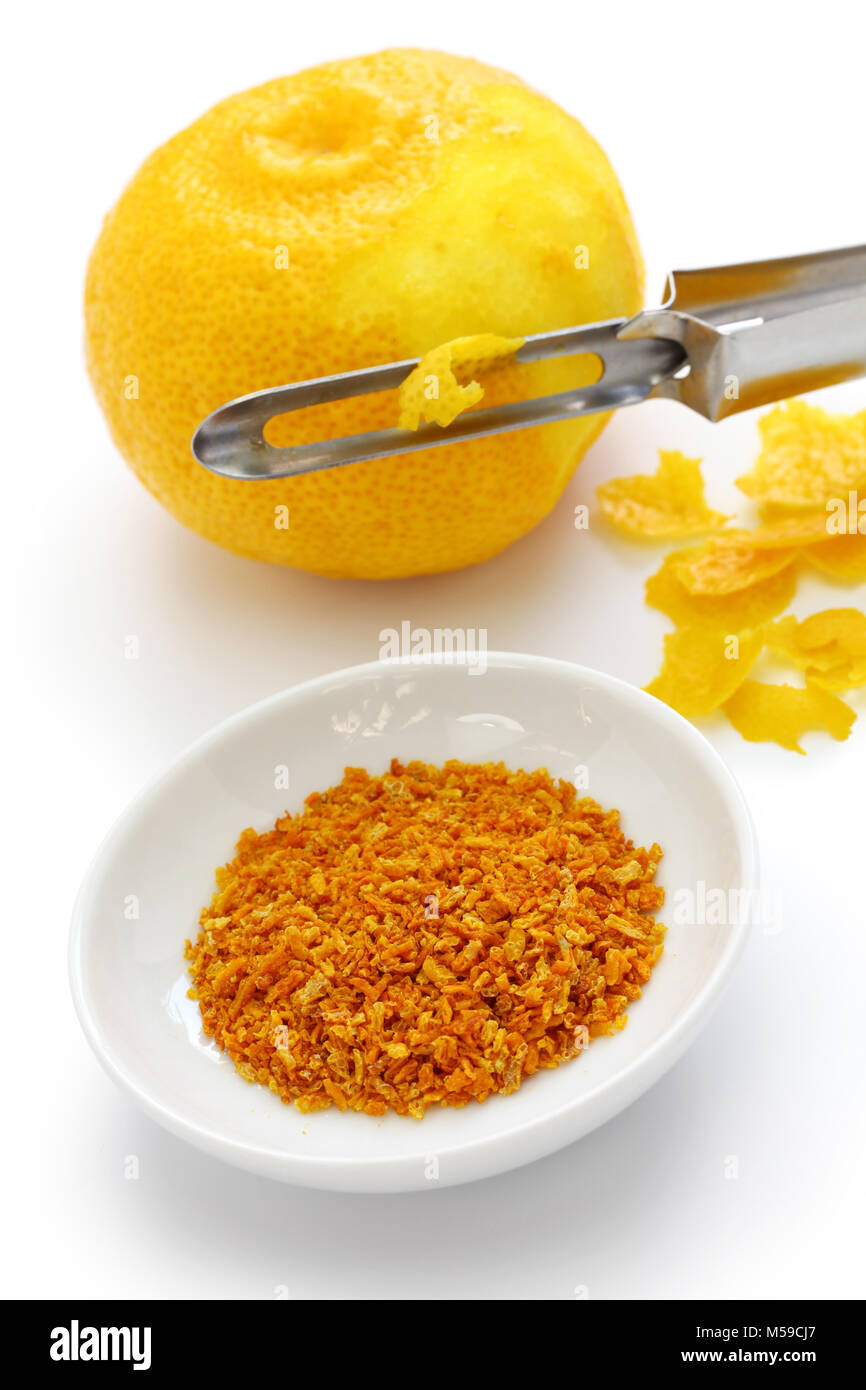 homemade dried Yuzu( Japanese aromatic citrus) zest, japanese cuisine condiment Stock Photo