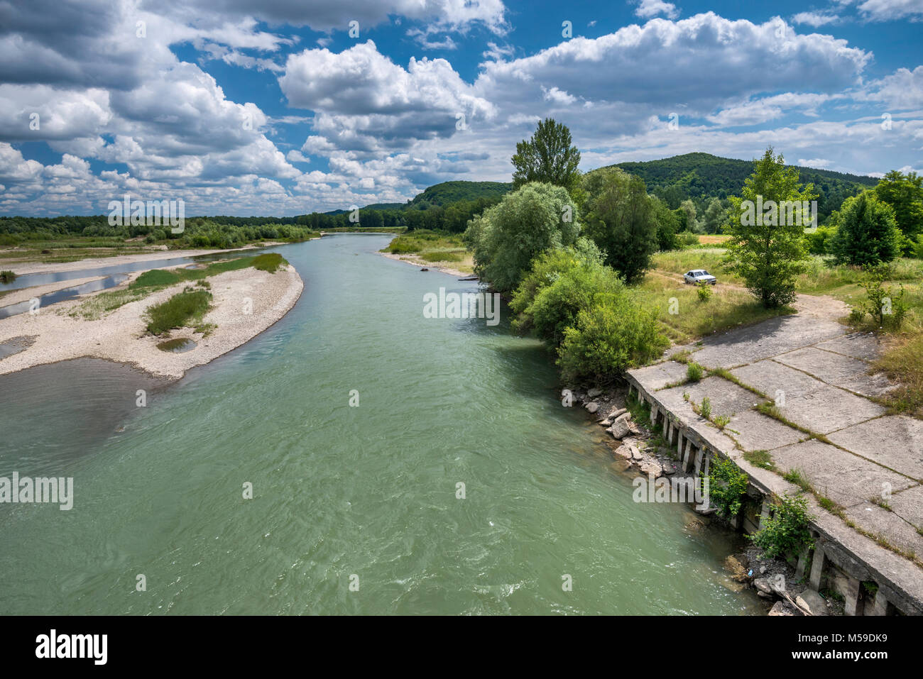 Prut river seen from highway bridge near Luzhany, Bukovina region, Chernivtsi Oblast, Ukraine Stock Photo