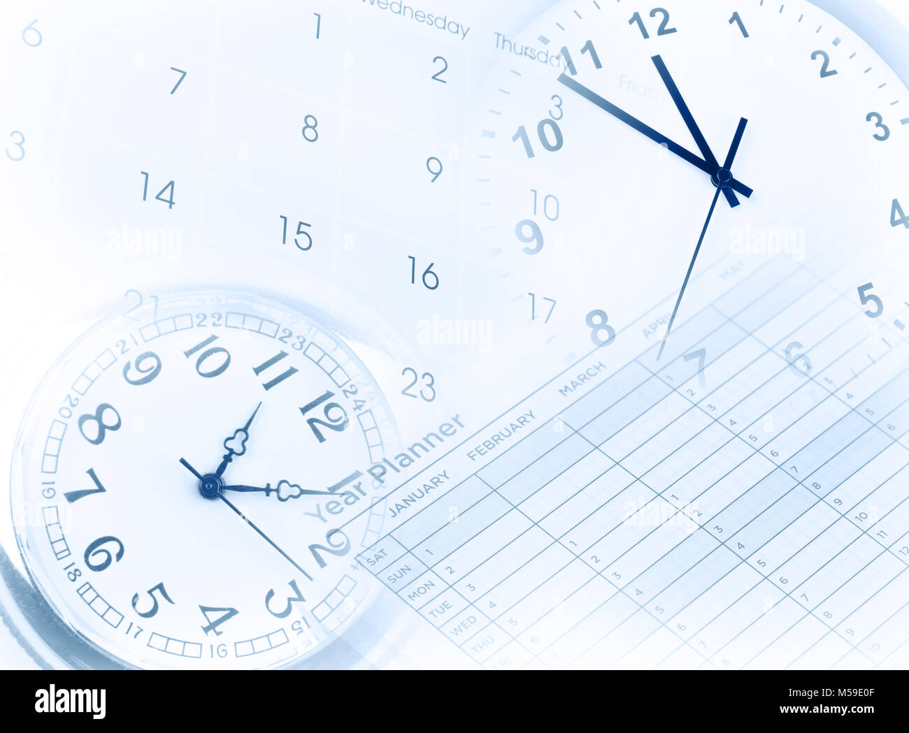Clocks, calendar and year planner. Time management Stock Photo Alamy
