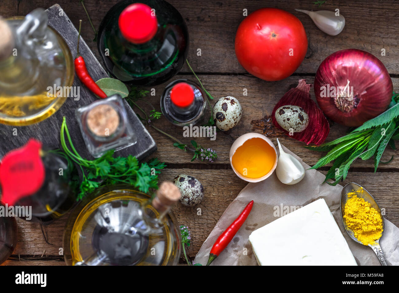 Various ingredients for cooking oils, sauces, spices and vegetables in