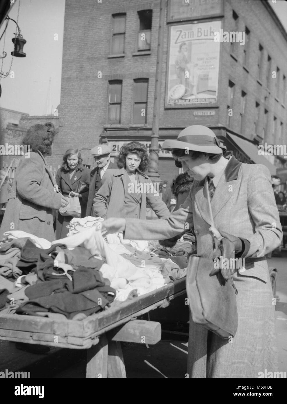 Outdoor market along Leyden St. in London, ca. 1935. Stock Photo