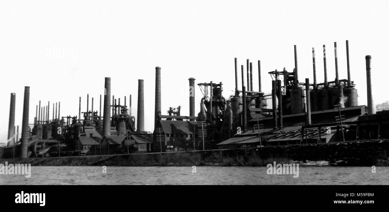 Unknown steel plant on the Great Lakes in the U.S., ca. 1939. Stock Photo