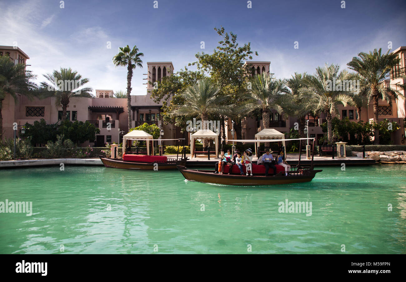 DUBAI, UAE - FEBRUARY 2018: View of the Souk Madinat Jumeirah. Madinat Jumeirah encompasses two hotels and clusters of 29 traditional Arabic houses Stock Photo