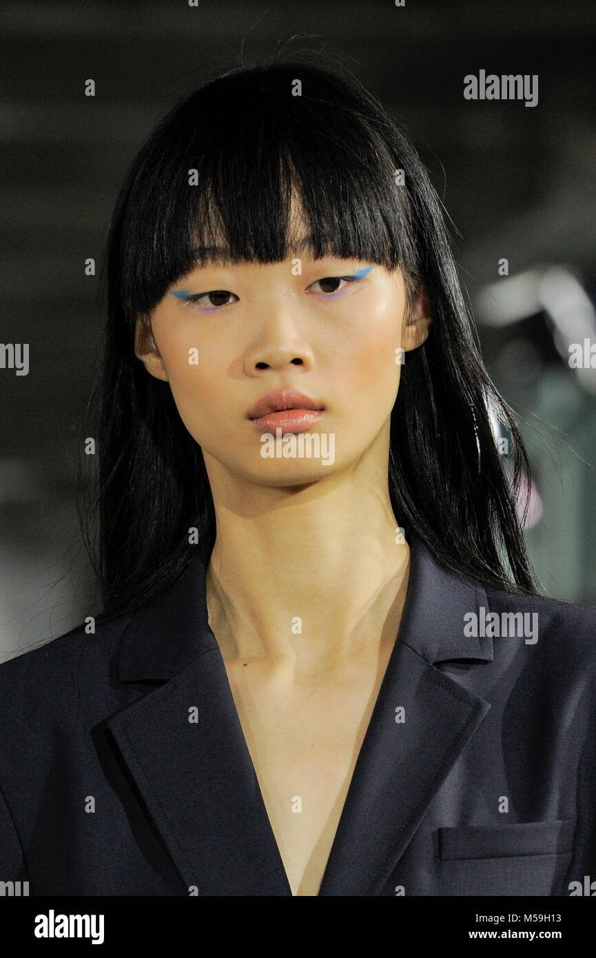 NEW YORK, NY - FEBRUARY 11: Model Huan Zhou walks the runway at the ...
