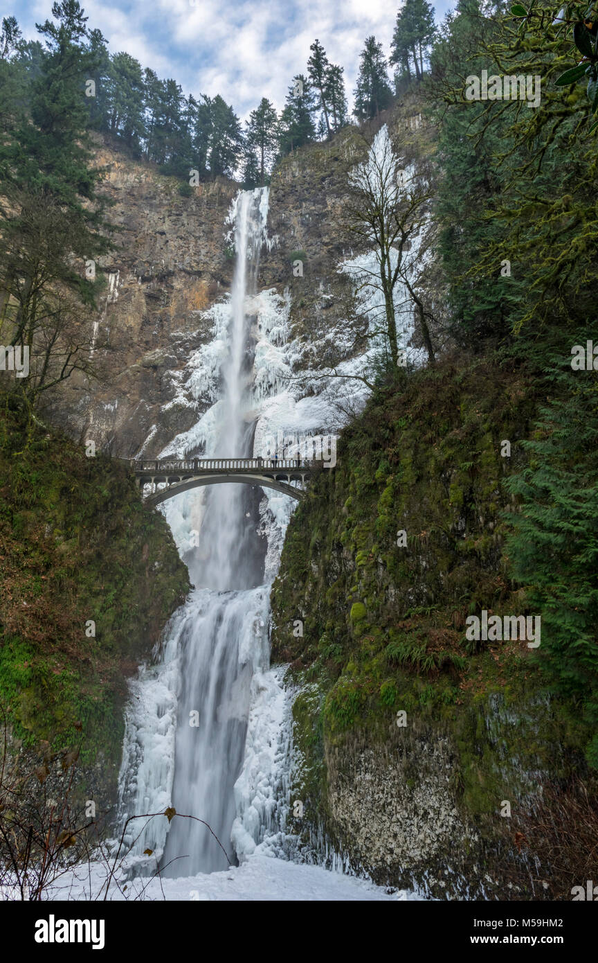 Multnomah Falls in winter showing ice and frozen waterfalls. Columbia
