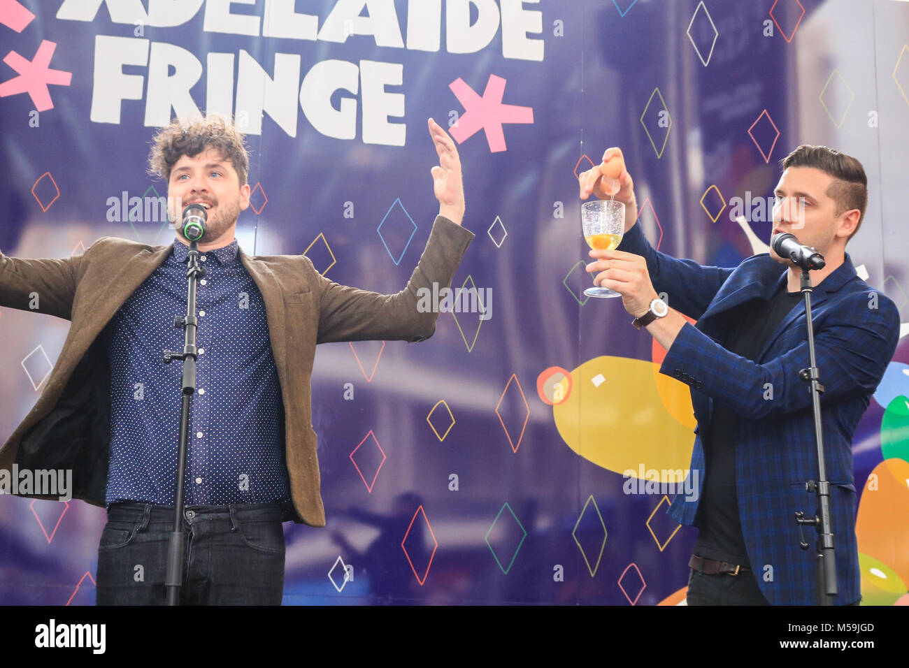 Adelaide Australia. 21st February 2018. British Magicians Kane & Abel  perform a brief sketch 'Breaking The Magicians Code'on stage as a preview in front of members of the public at Rundle Mall Adelaide. The Adelaide Fringe is the world's second-largest annual arts festival which runs from 16th February to 18 March featuring 5000 artists from around Australia and the world includes contemporary work in art forms including cabaret, comedy, circus and physical theatre, dance, film, theatre, puppetry, music, visual art, magic, digital and interactive and designCredit: amer ghazzal/Alamy Live News Stock Photo