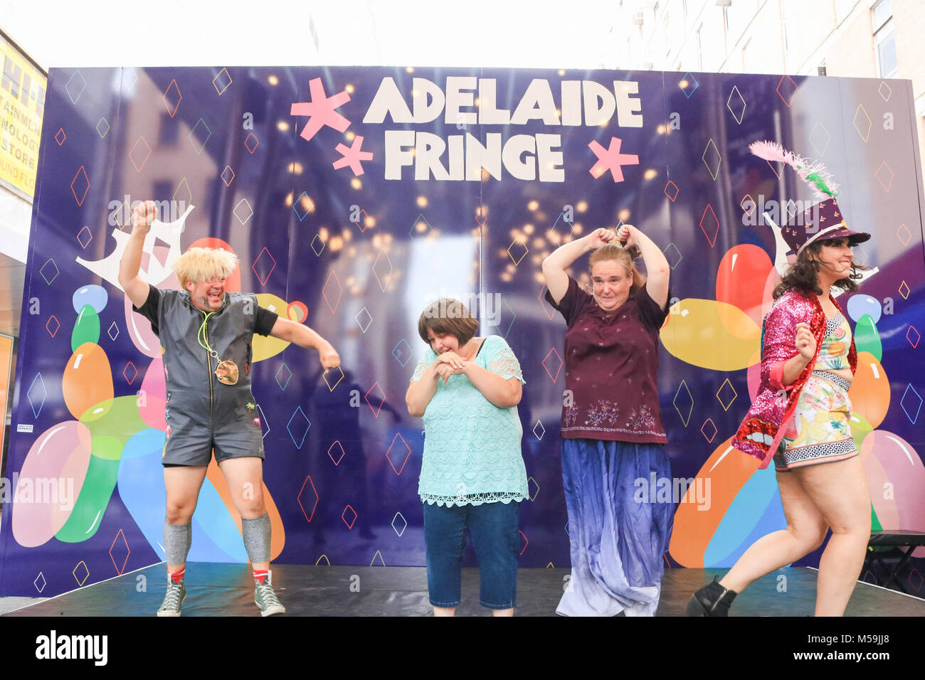 Adelaide Australia. 21st February 2018. Austrian artist Peter Baeker performs  his ' Personal 80's' on stage as a preview in front of members of the public at Rundle Mall Adelaide. The Adelaide Fringe is the world's second-largest annual arts festival which runs from 16th February to 18 March featuring  5000 artists from around Australia and the world includes contemporary work in art forms including cabaret, comedy, circus and physical theatre, dance, film, theatre, puppetry, music, visual art, magic, digital and interactive and designCredit: amer ghazzal/Alamy Live News Stock Photo