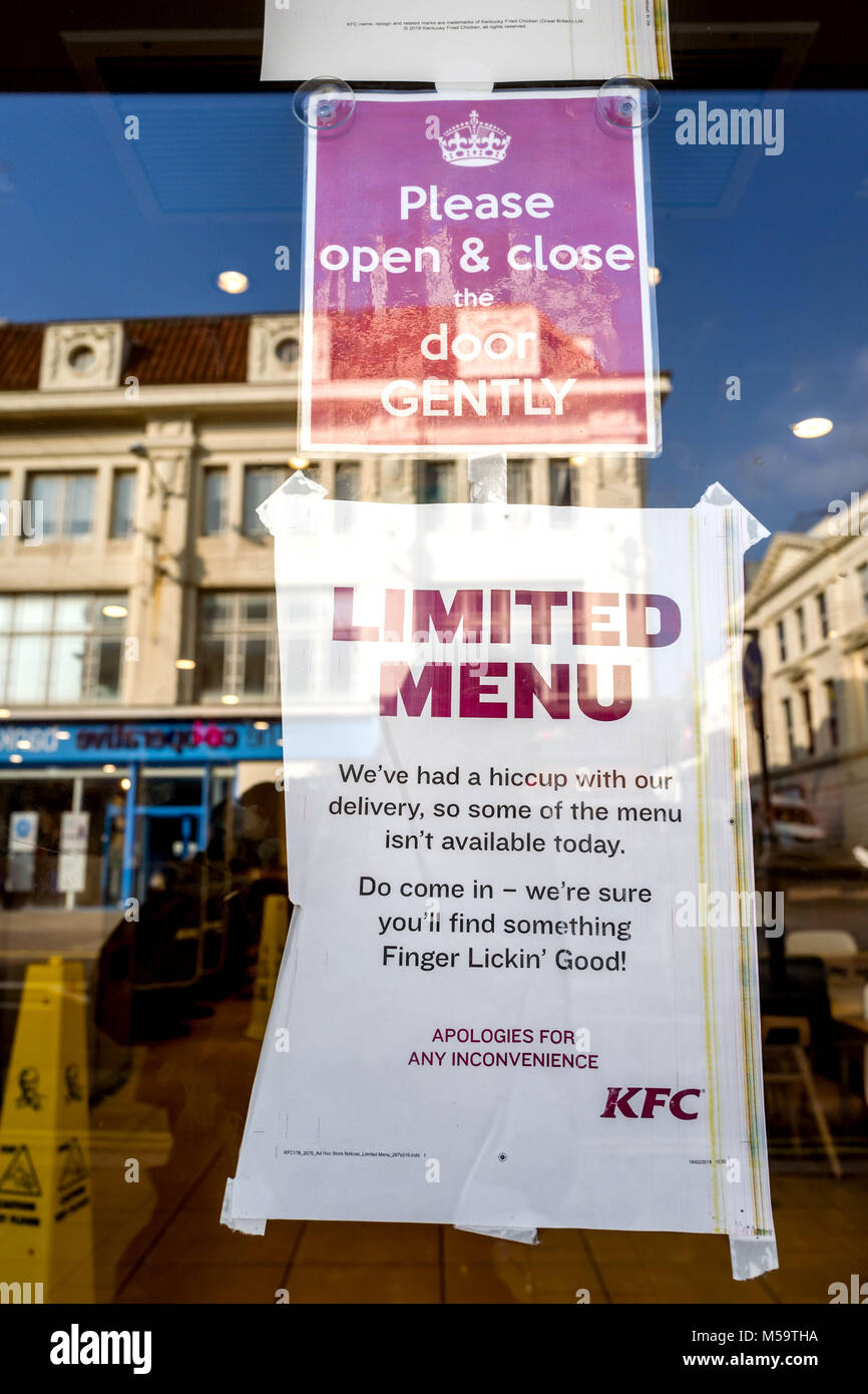 Brighton, UK. 21st February, 2018. The KFC branch in Brighton's Western Road displaying signs explaining the company's current difficulties Credit: Andrew Hasson/Alamy Live News Stock Photo