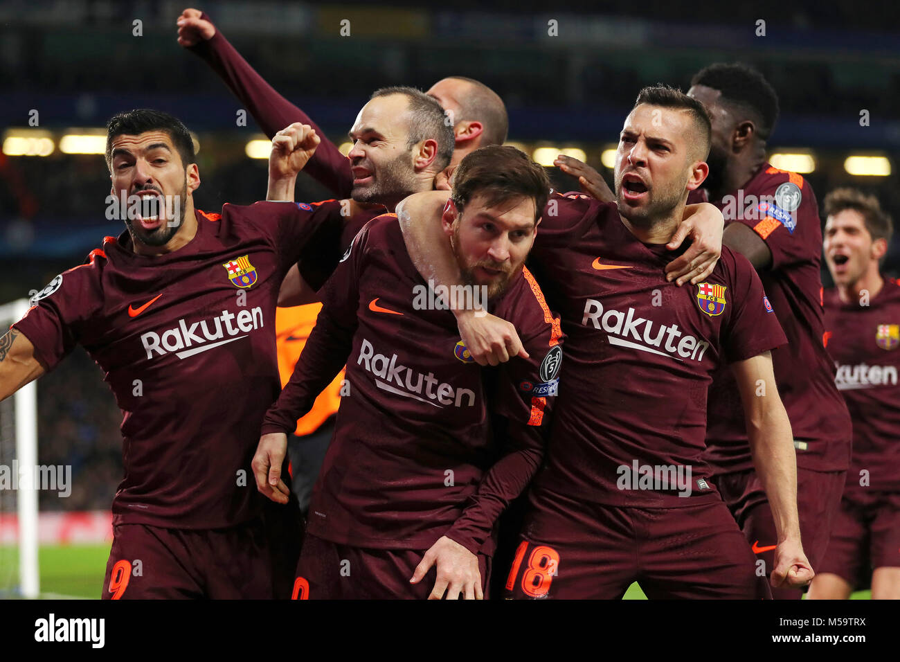 London, UK. 20th February, 2018. Lionel Messi of Barcelona is congratulated after scoring the equalising goal, making it 1-1- Chelsea v Barcelona, UEFA Champions League, Round of 16, 1st Leg, Stamford Bridge, London - 20th February 2018. Credit: Richard Calver/Alamy Live News Stock Photo