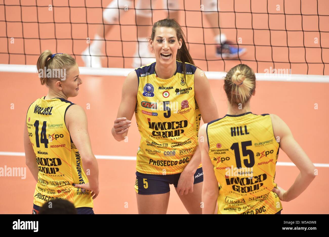 L-R Joanna Wolosz, Robin de Kruijf and Kimberly Hill (all Imoco) are seen during the VK Agel Prostejov (Czech Republic) vs Imoco Volley Conegliano (Italy) volleyball match of the Women's Volleyball Champions League in Prostejov, Czech Republic, on February 21, 2018. (CTK Photo/Ludek Perina) Stock Photo