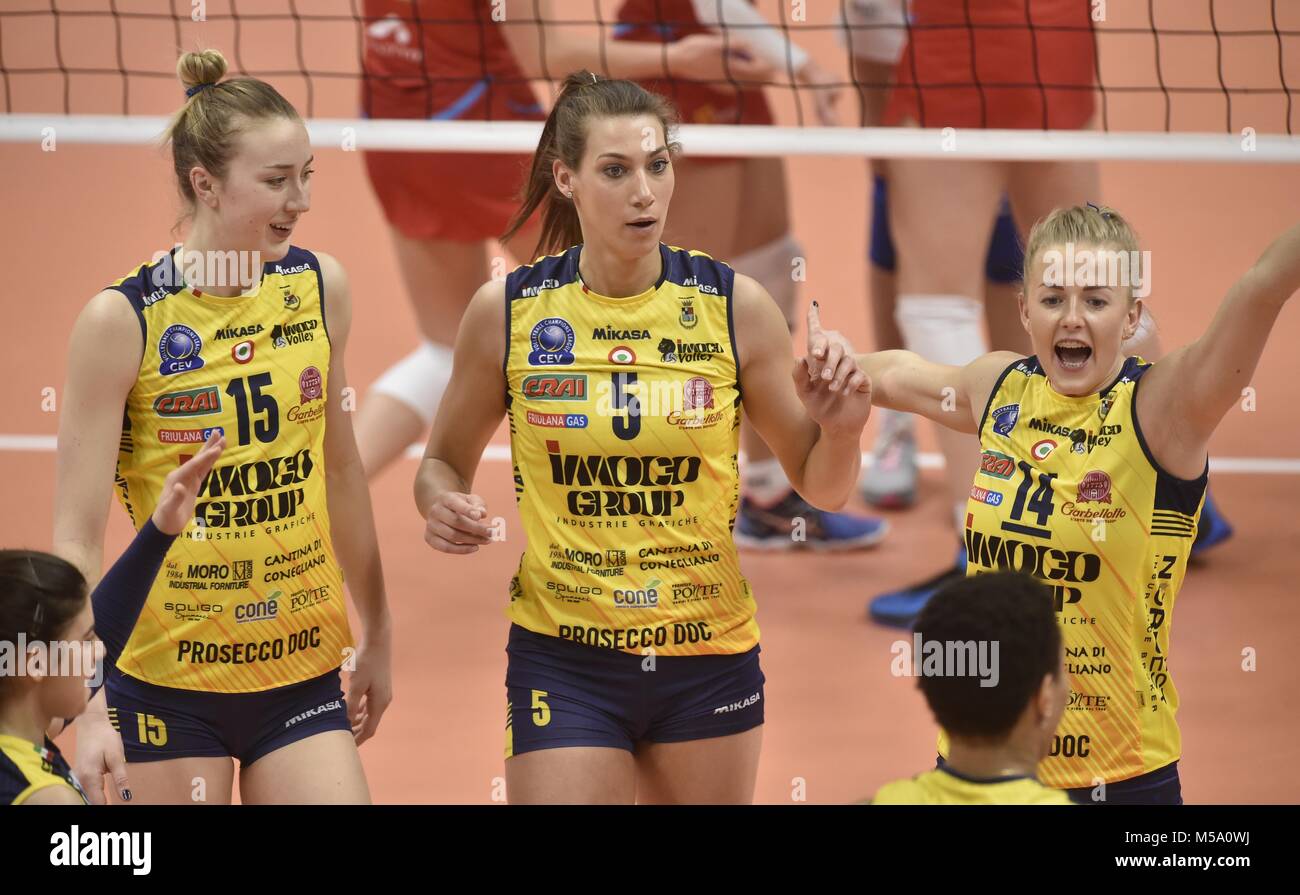 L-R Kimberly Hill, Robin de Kruijf and Joanna Wolosz (all Imoco) are seen during the VK Agel Prostejov (Czech Republic) vs Imoco Volley Conegliano (Italy) volleyball match of the Women's Volleyball Champions League in Prostejov, Czech Republic, on February 21, 2018. (CTK Photo/Ludek Perina) Stock Photo