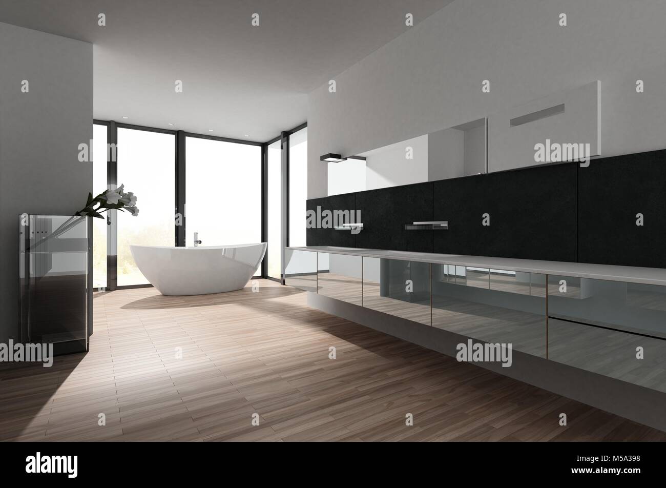 Large spacious bathroom interior with stylish freestanding tub in ... Large spacious bathroom interior with stylish freestanding tub in ...