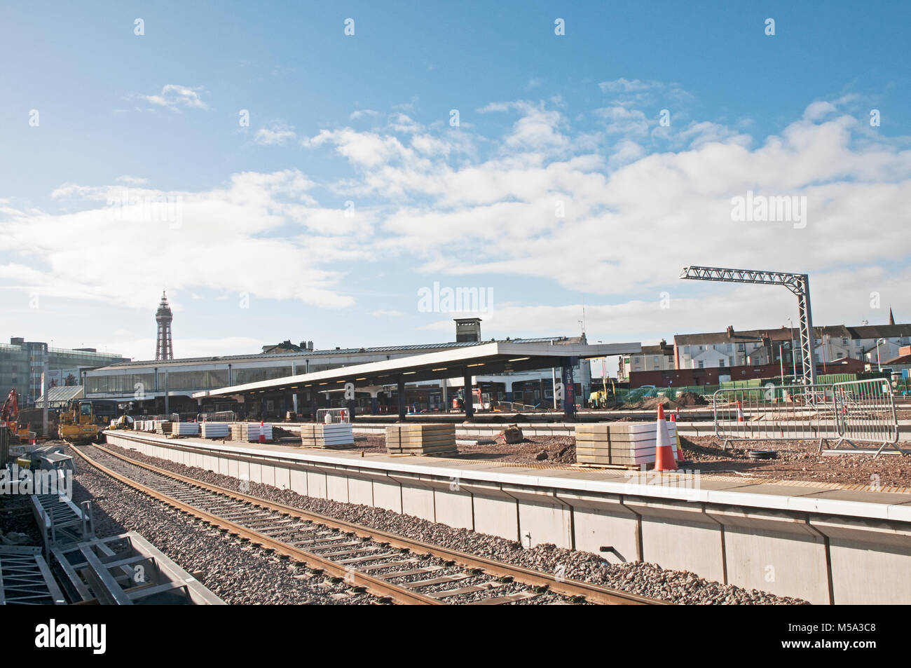 Preparing Platforms and overhead gantrys at Blackpool North station for electrification of railway line from Preston Stock Photo