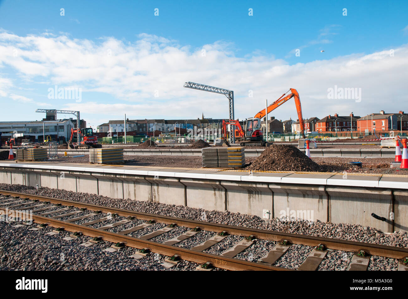 Preparing Platforms and overhead gantrys at Blackpool North station for electrification of railway line from Preston Stock Photo