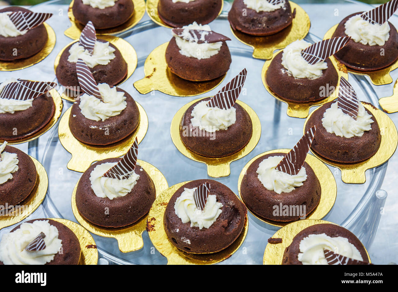 Miami Beach Florida,Ritz Carlton South Beach,finger food,dessert,sweet,Cardamom Savarin,platter,gourmet,dark chocolate,buffet style,food,all you can e Stock Photo