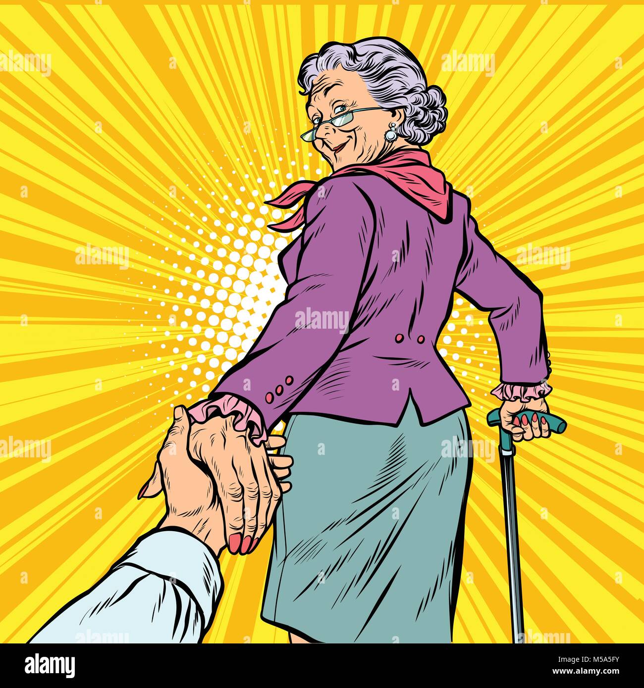 follow me Mature woman Granny leads hand. Pop art retro vector illustration comic cartoon figure vintage kitsch Stock Vector