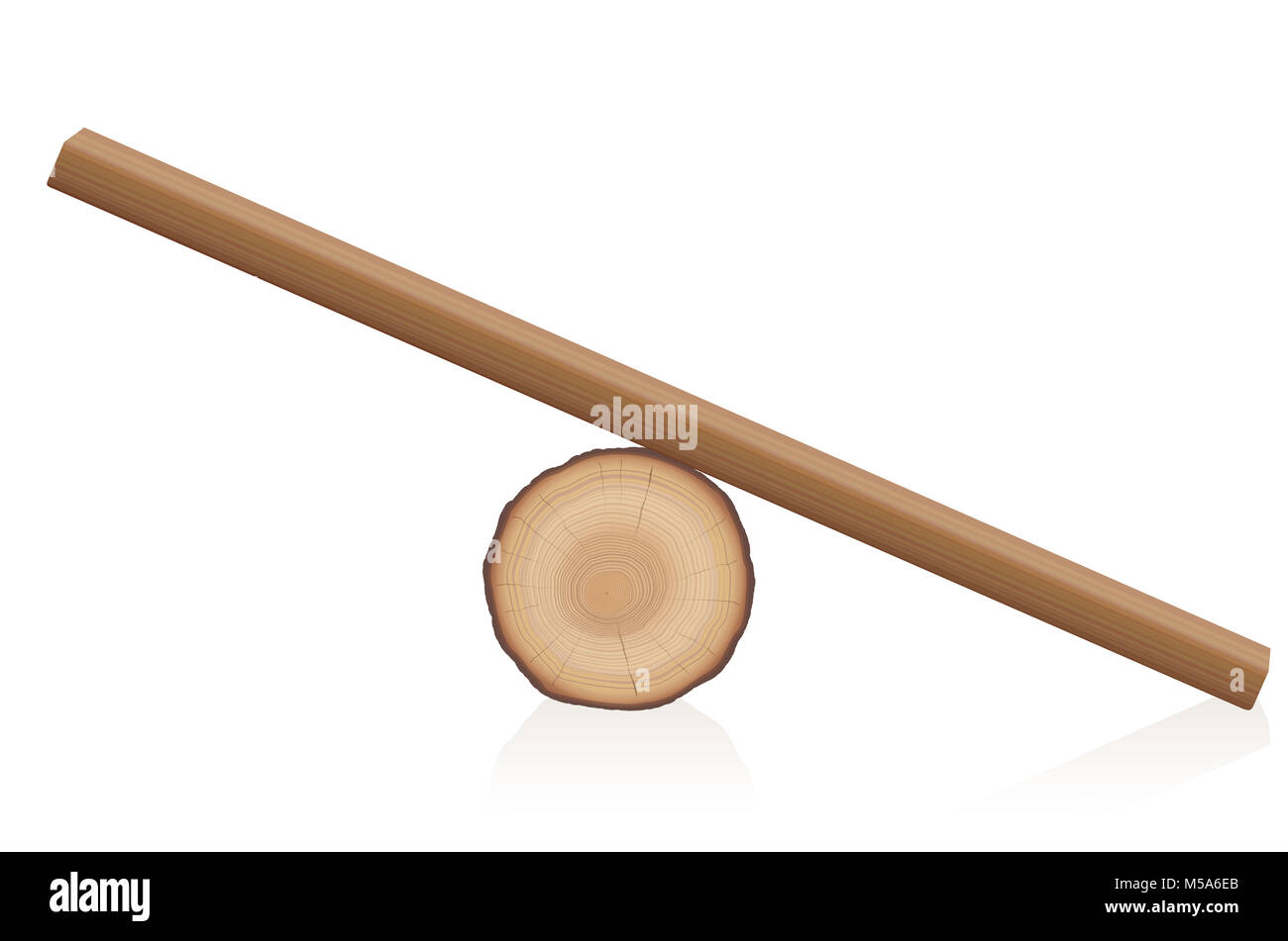 Wooden balance toy. Simple rustic seesaw constructed of a lying tree trunk and a wooden plank - isolated vector illustration on white background. Stock Photo