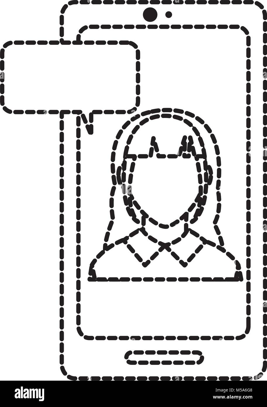 dotted shape avatar woman faceless inside smartphone with chat bubble ...