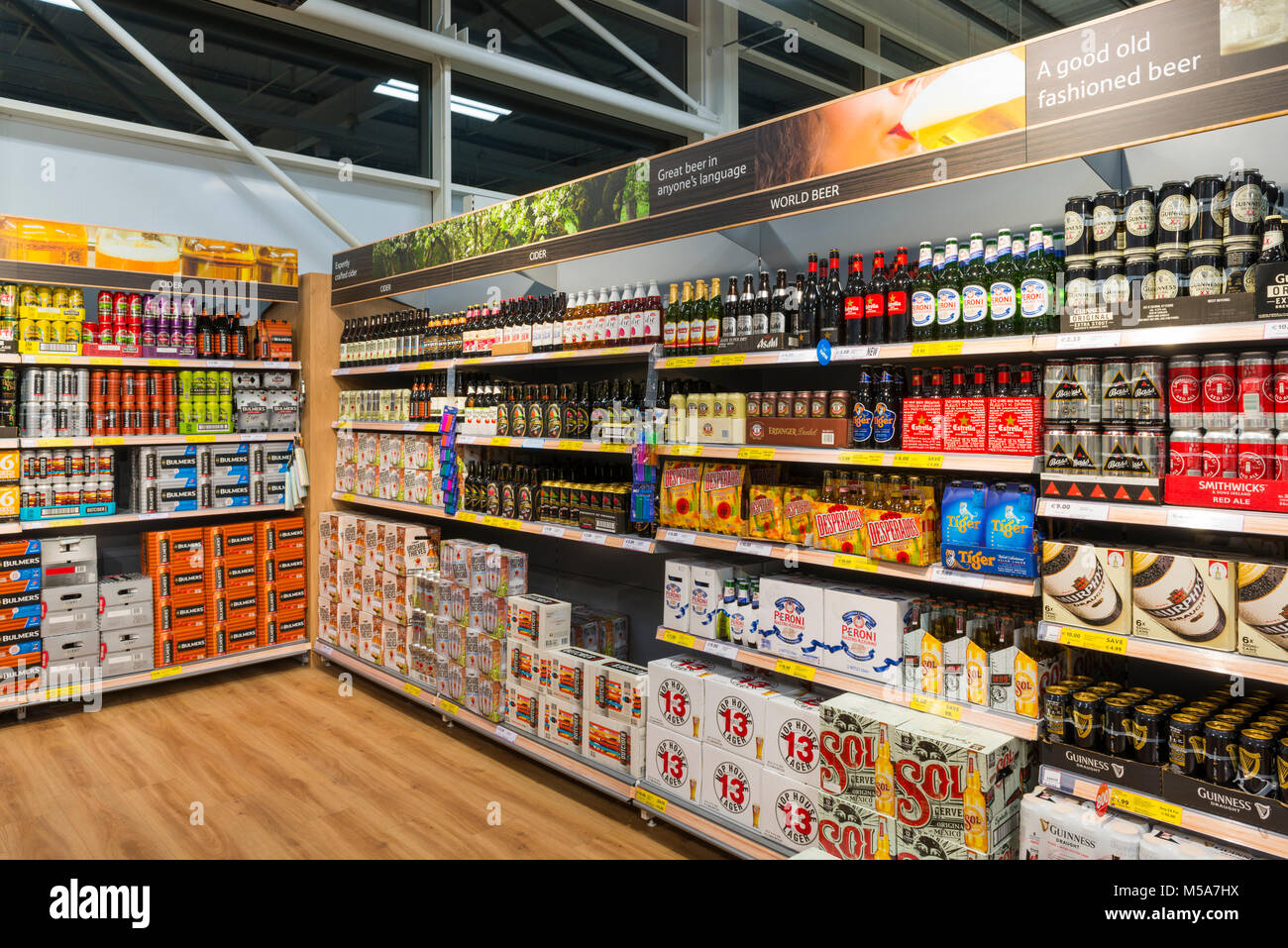 Beer, lager, cider and other alcohol on sale in a supermarket, UK Stock Photo