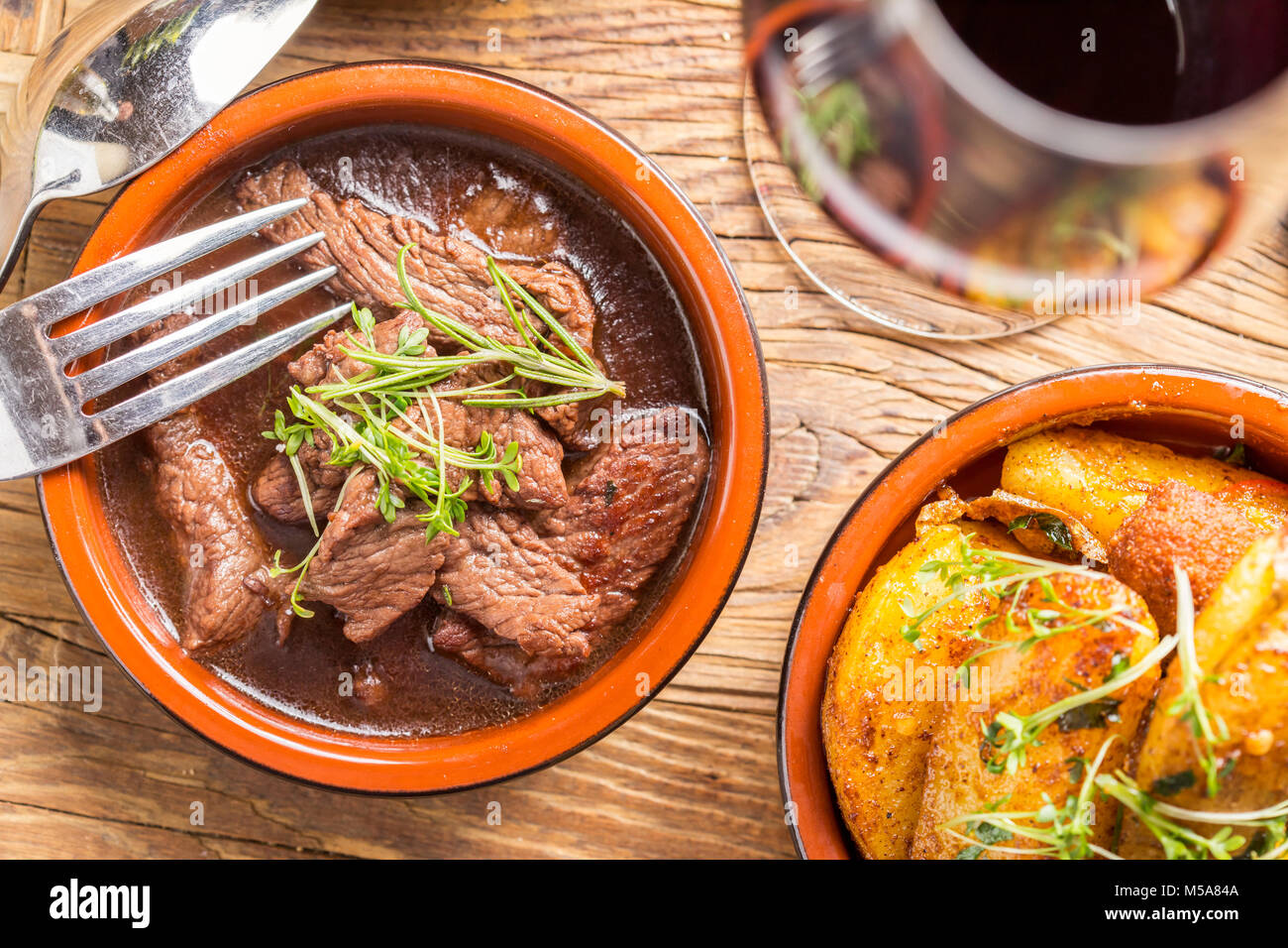 delicious rustic beef in red wine sauce tapas starter Stock Photo