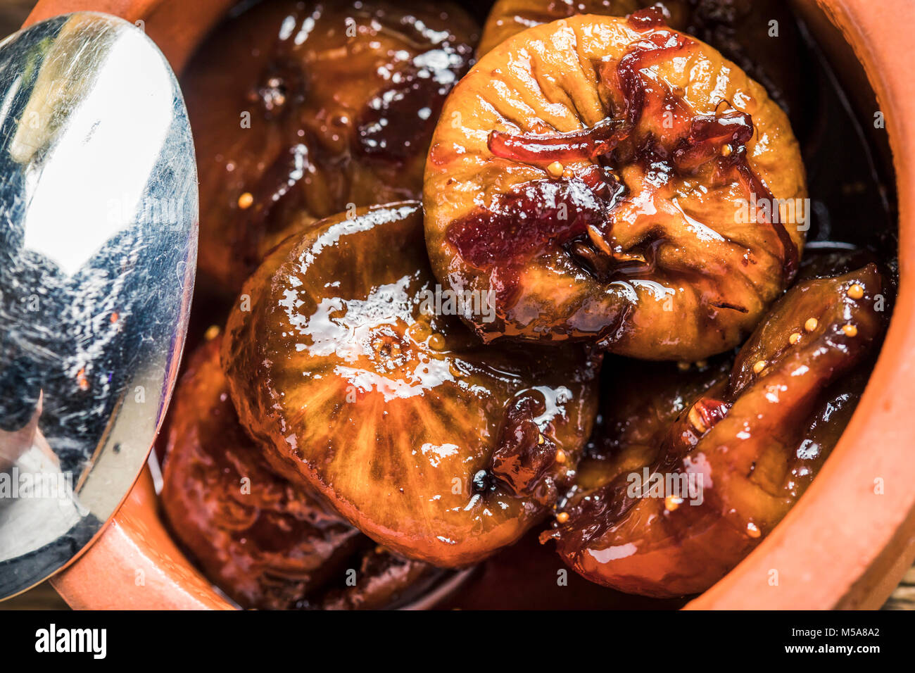 delicious rustic spanish figs in port wine sauce starter Stock Photo