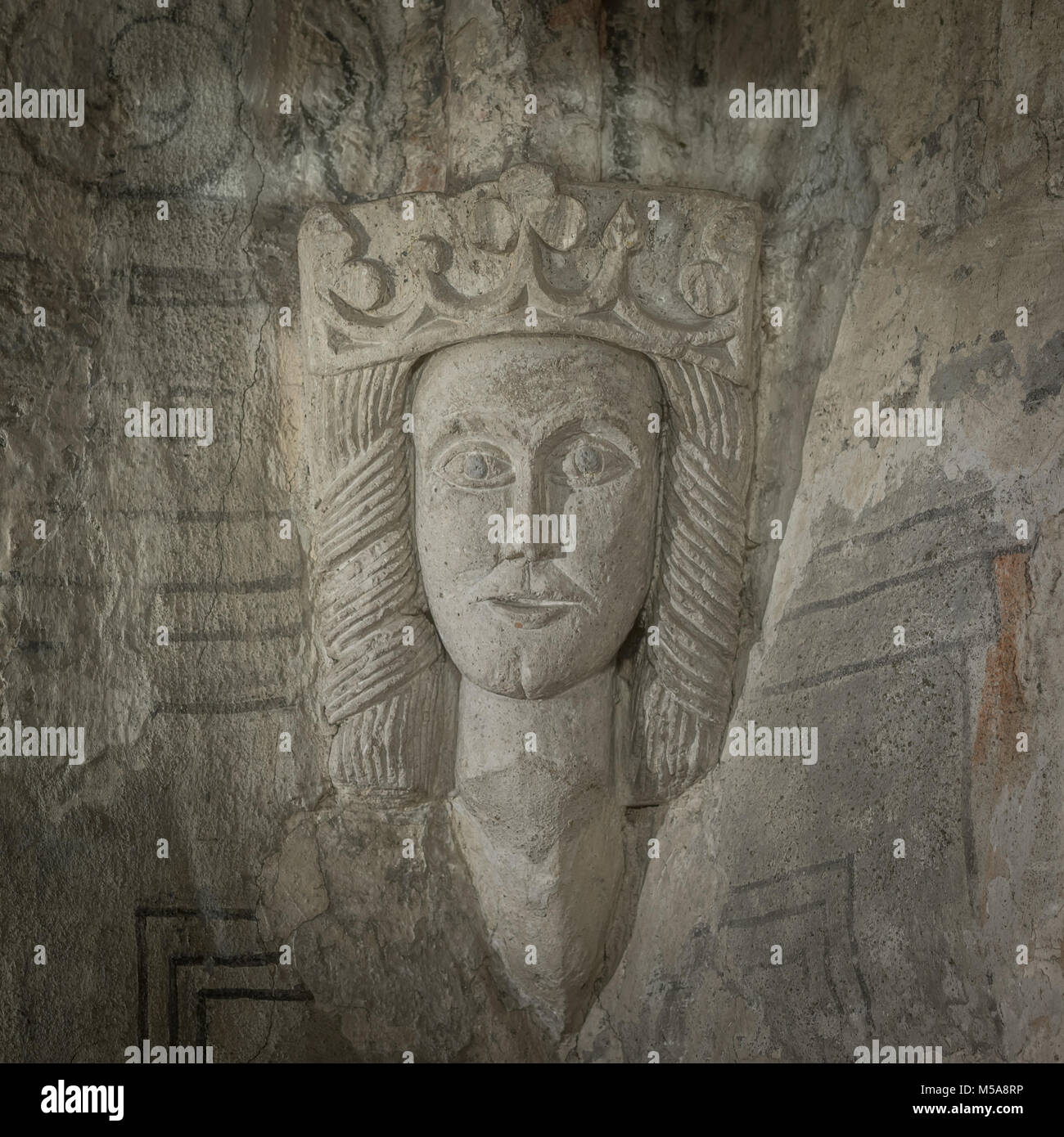 Medieval Stone sculptur of a Queen with a crown, in the vault of Ronneby church. Probably  Margareta Valdemarsdotter, Ronneby, Sweden, December 6, 201 Stock Photo