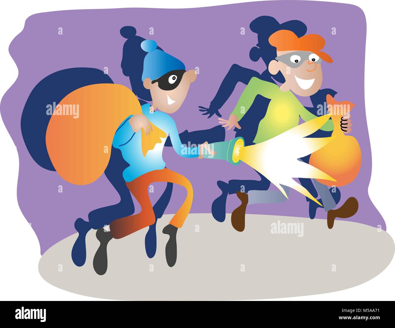 Two masked bank robbers with a sack for loot and a torch Stock Vector