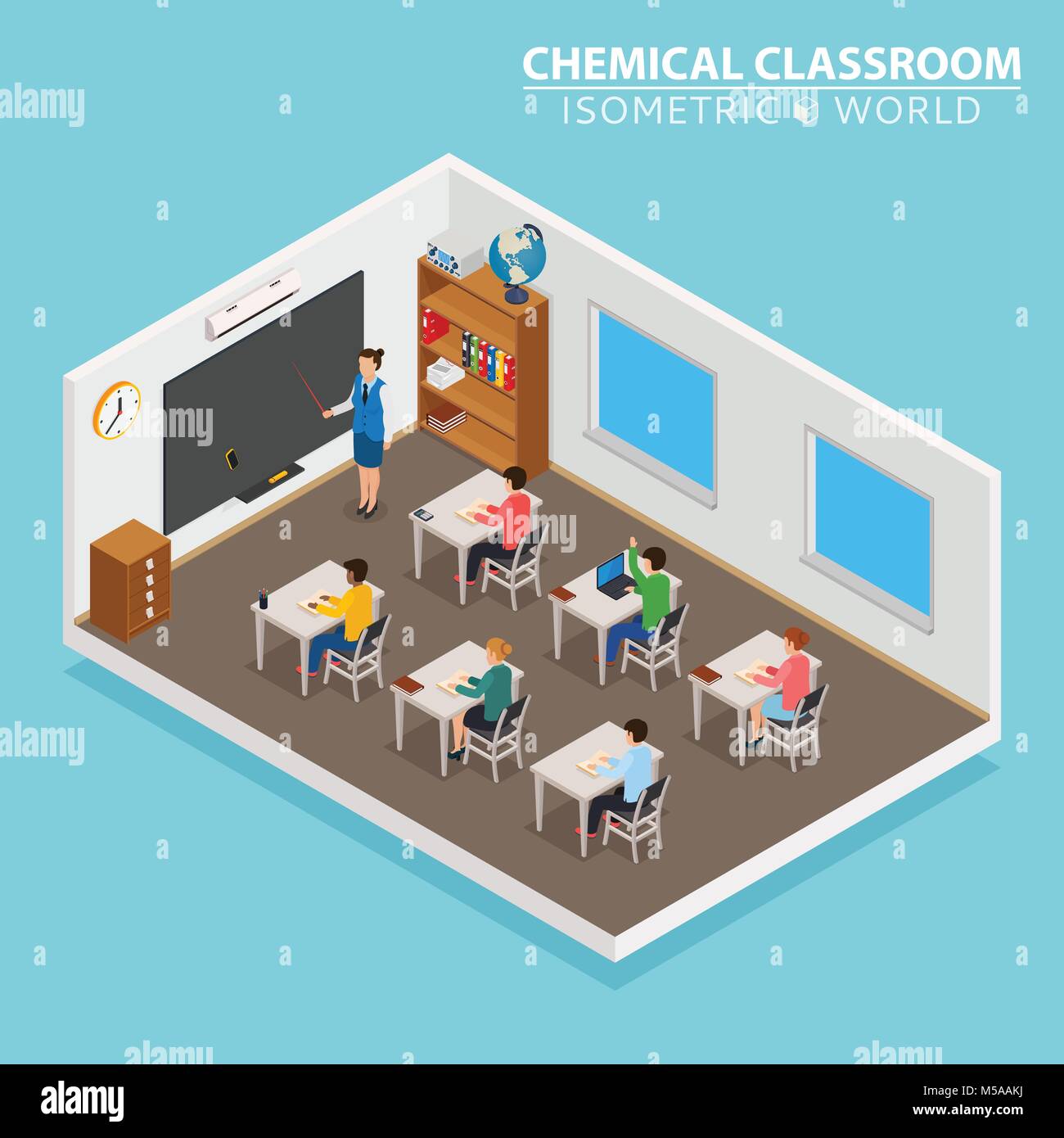 School and learning isometric concept with teacher and children on blue ...