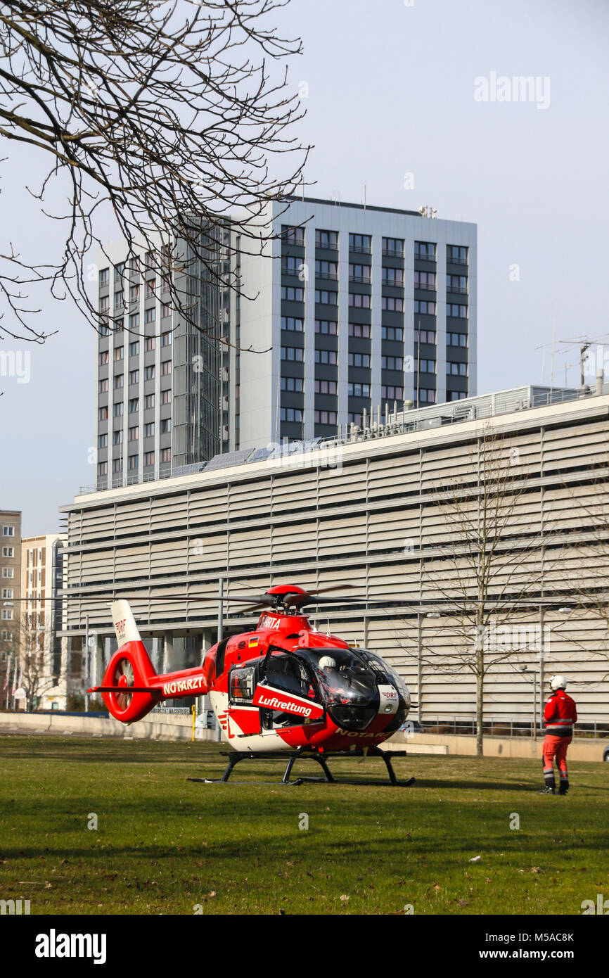 Magdeburg, Germany - 21 February 2018: The medical team and the pilot of the rescue helicopter Christoph 36 of the Magdeburg University Hospital are p Stock Photo