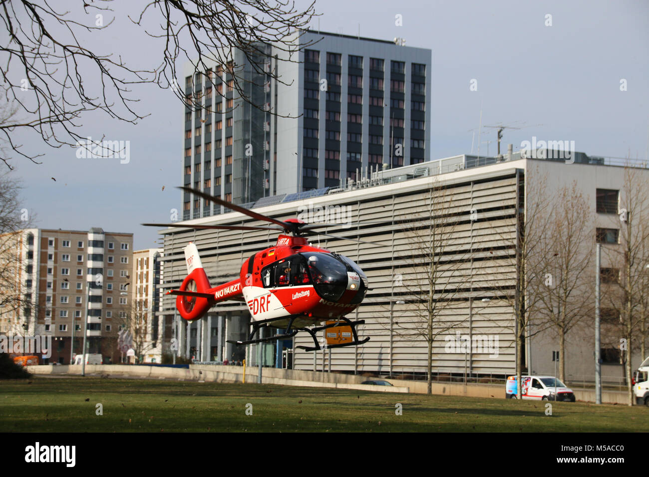 Magdeburg, Germany - 21 February 2018: Launch of the rescue helicopter Christoph 36 in Magdeburg, Germany. The Airbus H 135 helicopter is part of the  Stock Photo