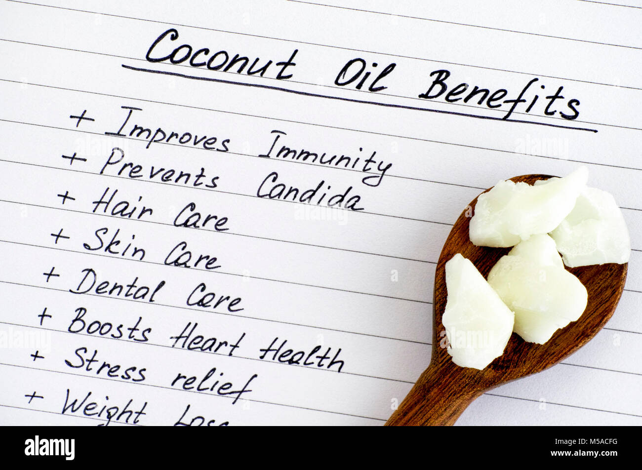 List of Coconut Oil Benefits with wooden spoon with coconut oil. Close-up. Stock Photo