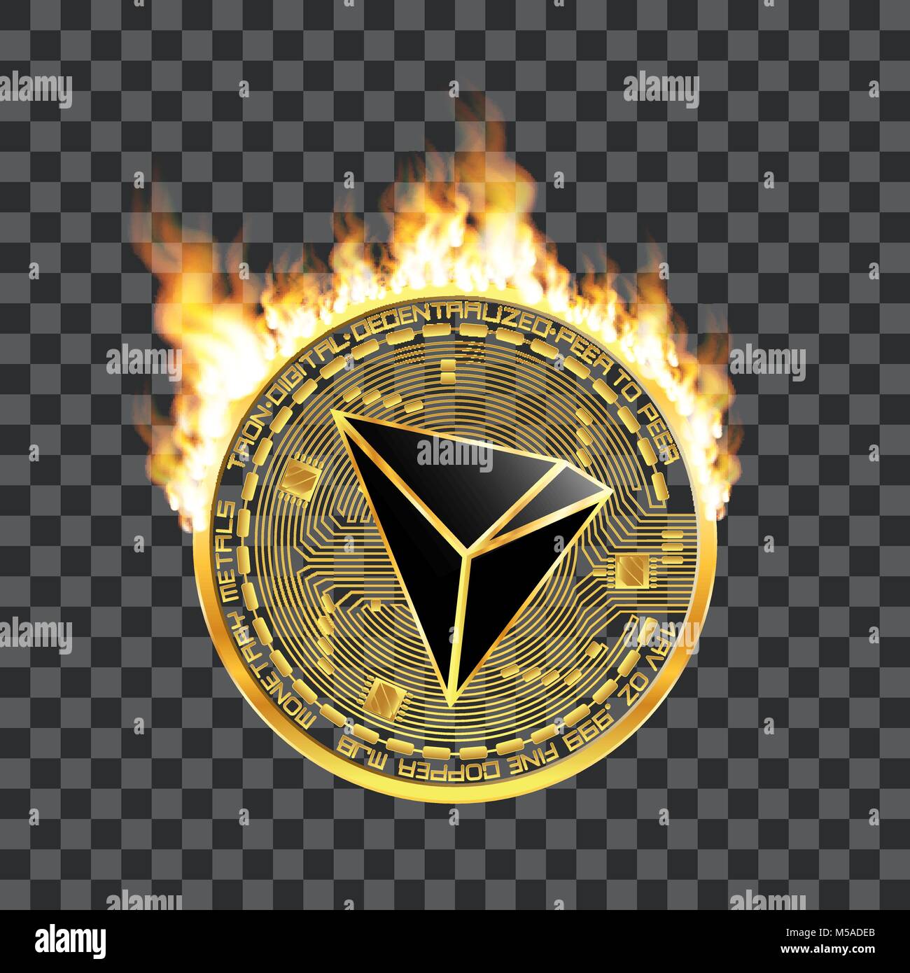 Crypto currency golden coin with black lackered tron symbol on obverse  surrounded by realistic flame and isolated on transparent background.  Vector il Stock Vector Image & Art - Alamy