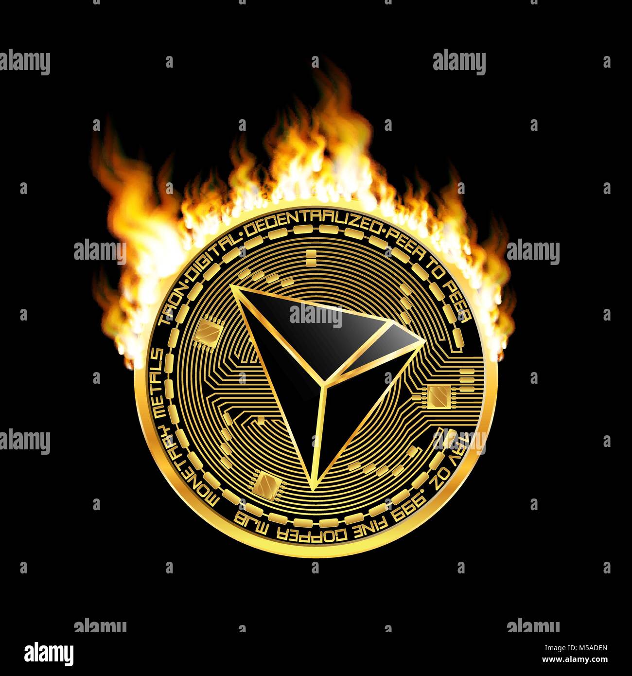 Crypto Currency Golden Coin With Black Lackered Tron Symbol On Obverse Surrounded By Realistic Flame And Isolated On Black Background Vector Illustra Stock Vector Image Art Alamy