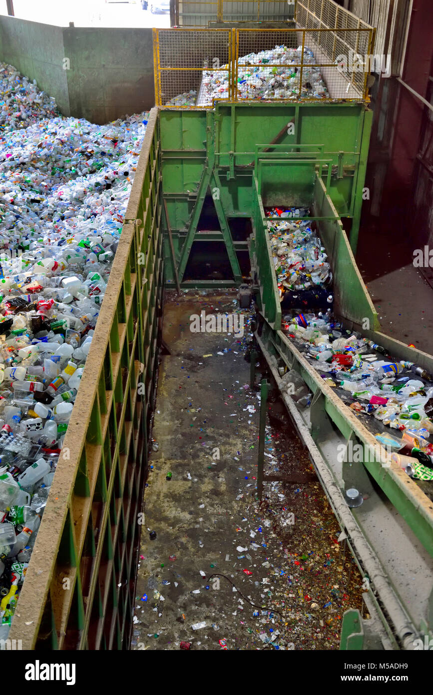 Machinery and conveyor belt used in sorting post consumer waste plastic bottles and cans at recycling plant, UK Stock Photo