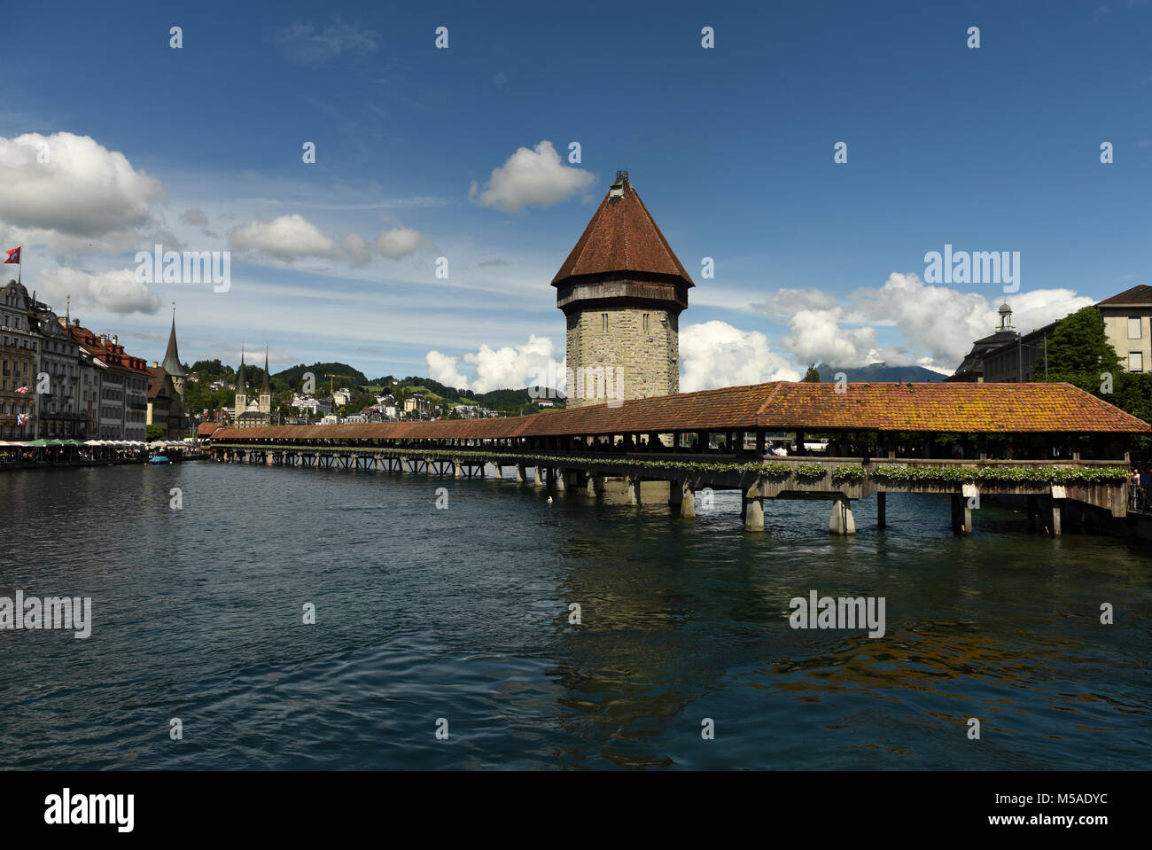 Lucerne cityscape, Switzerland. Chapel Bridge (Kapellbrucke) and Water ...