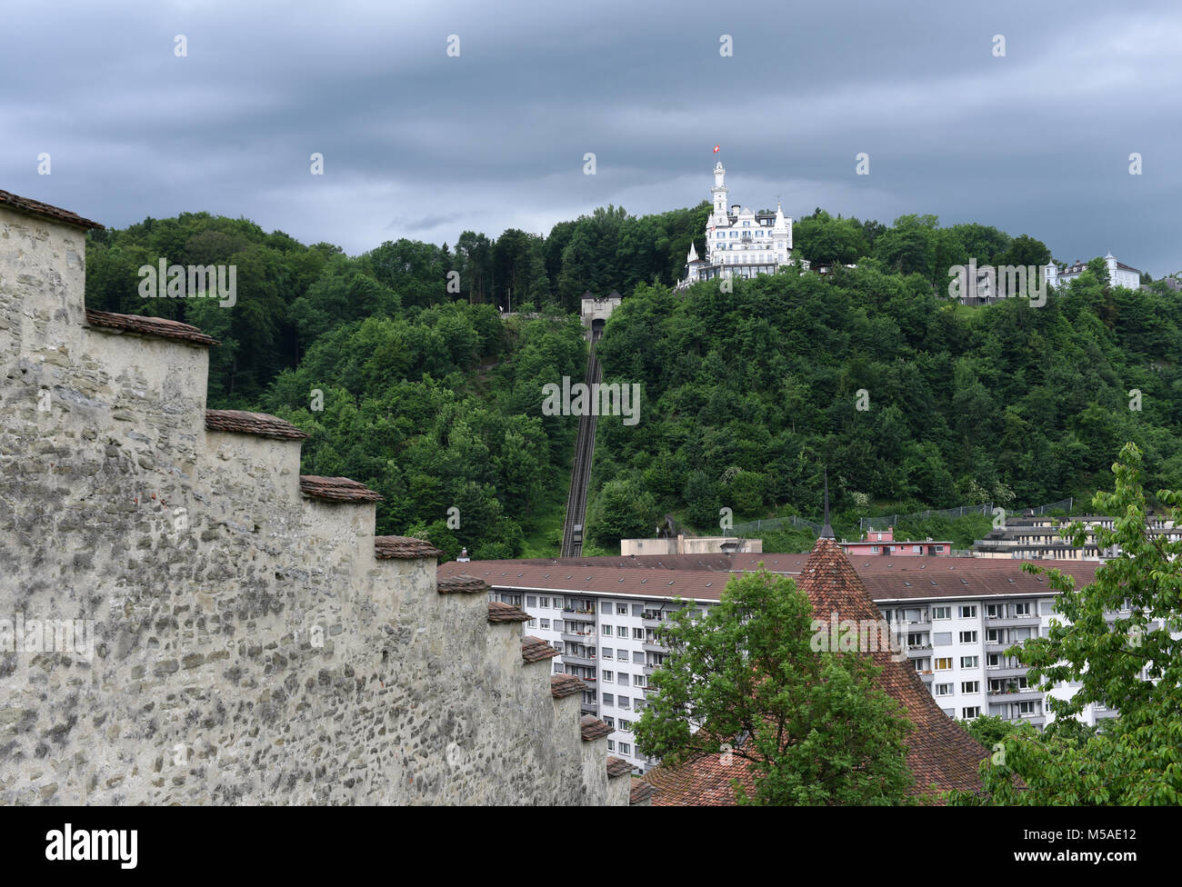 Lucerne cityscape with Chateau Gutsch, Switzerland. Stock Photo