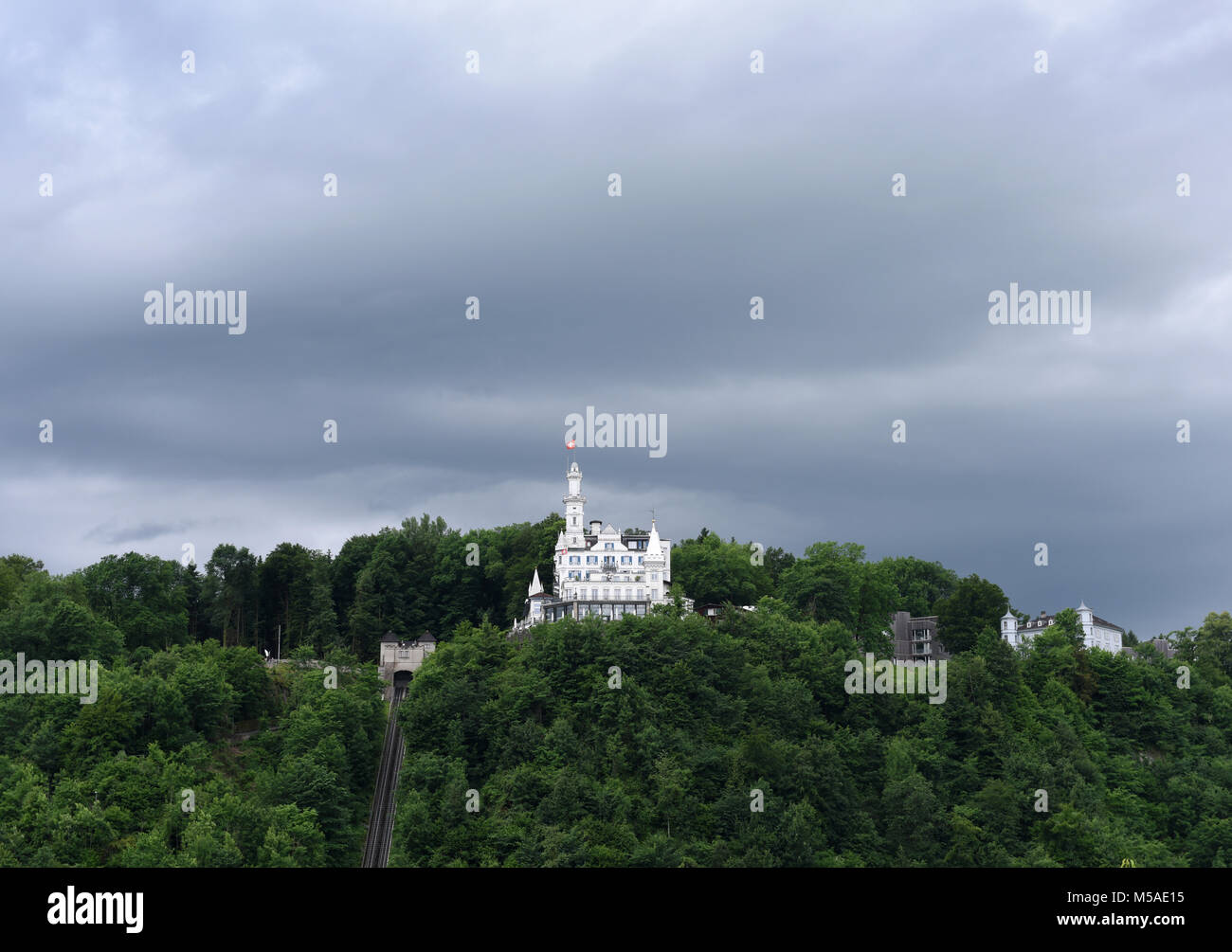 Lucerne cityscape with Chateau Gutsch, Switzerland. Stock Photo