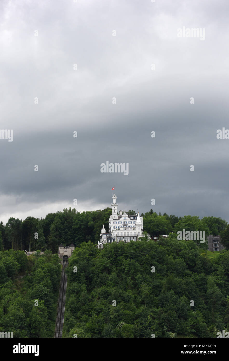 Lucerne cityscape with Chateau Gutsch, Switzerland. Stock Photo