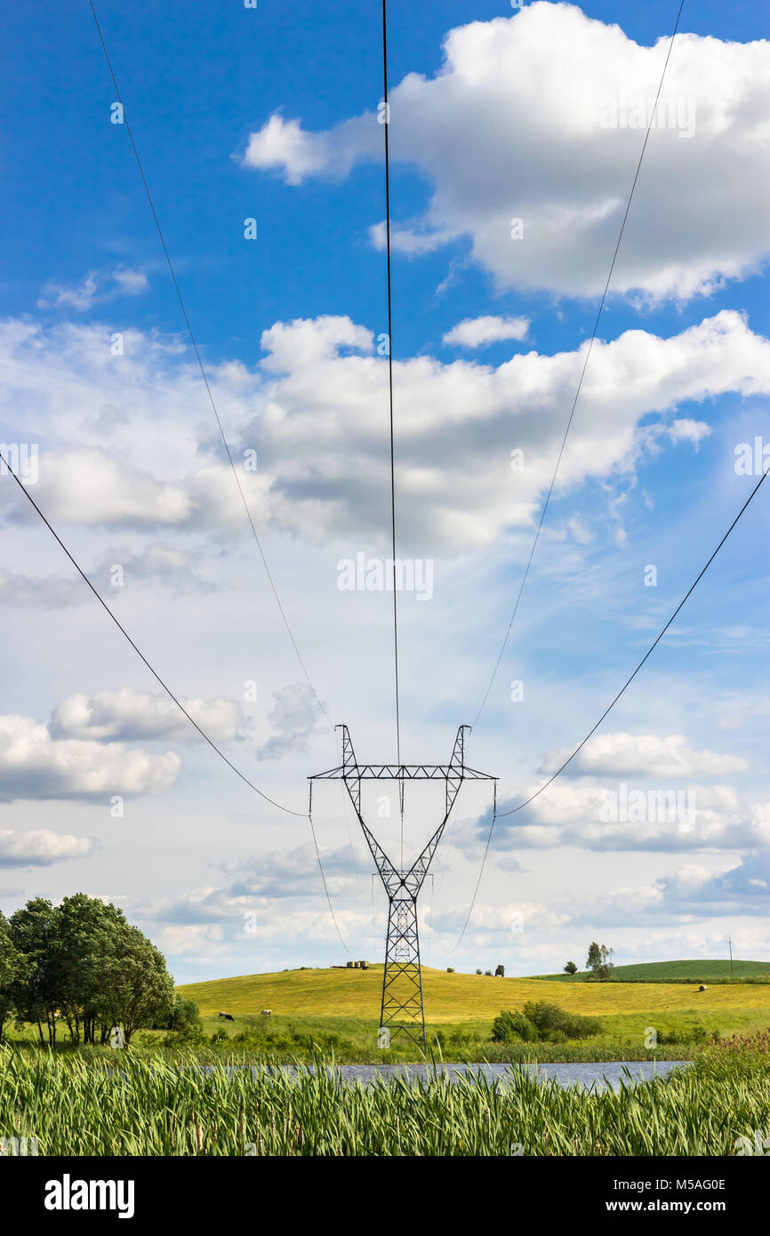 Power pylons and high voltage lines in the green grass field with blue ...