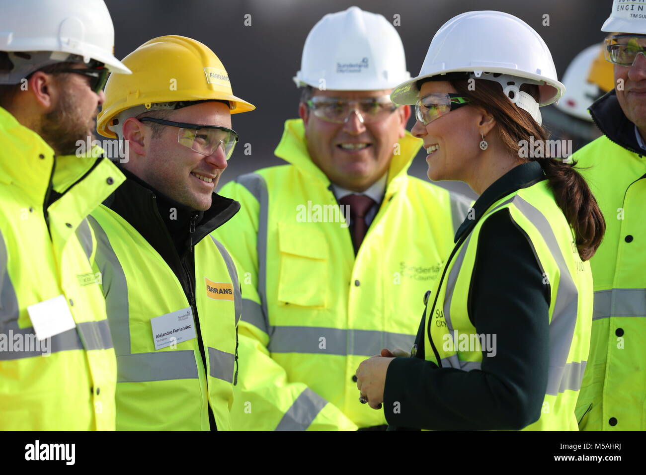 The Duchess of Cambridge wears a safety helmet and high visibility vest during a visit to the Northern Spire bridge across the River Wear in Sunderland. Stock Photo