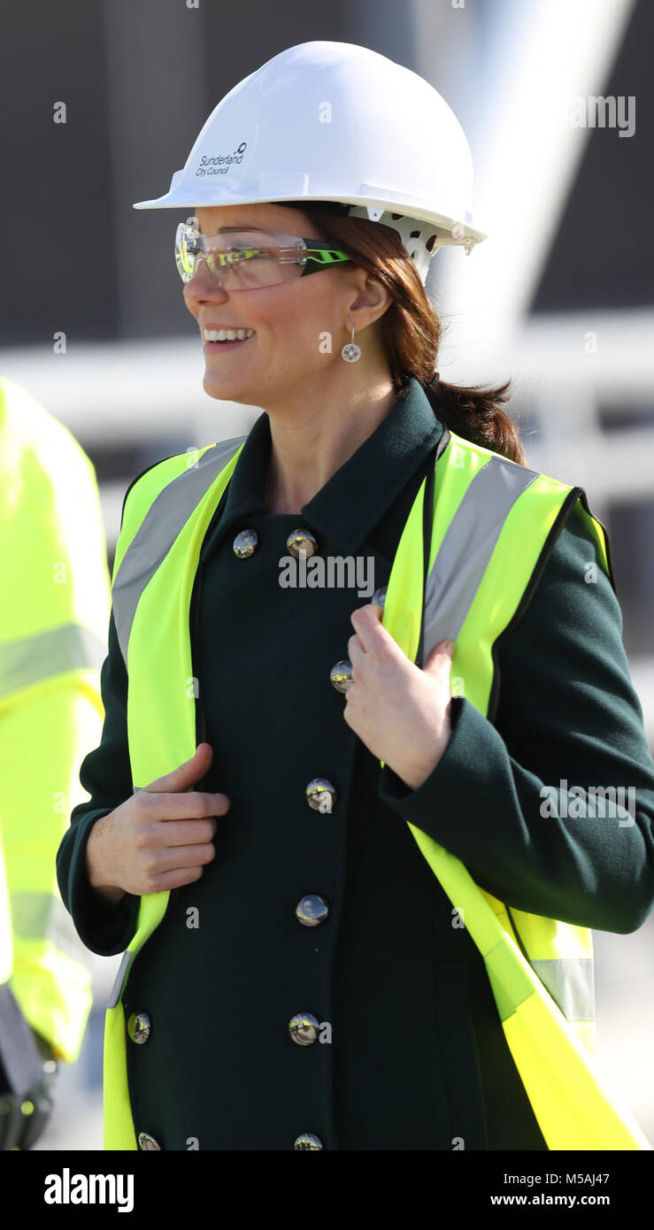 The Duchess of Cambridge wears a safety helmet and high visibility vest during a visit to the Northern Spire bridge across the River Wear in Sunderland. Stock Photo