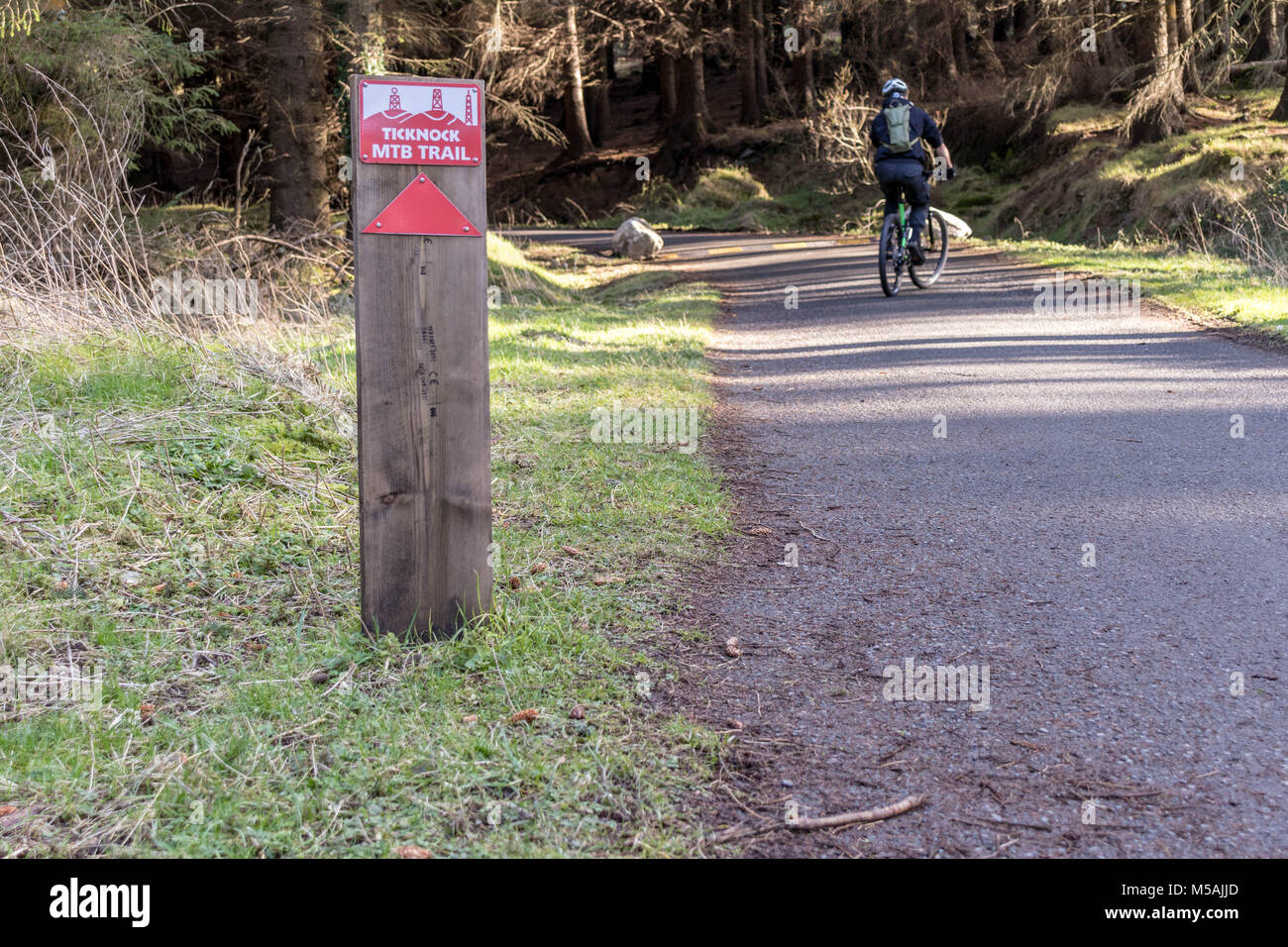 A sign for a mountain bike trail, Ticknock, Dublin. Stock Photo