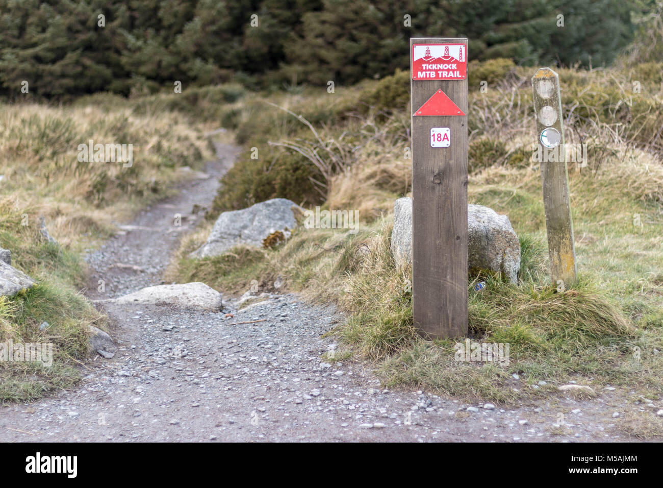 A sign for a mountain bike trail, Ticknock, Dublin. Stock Photo