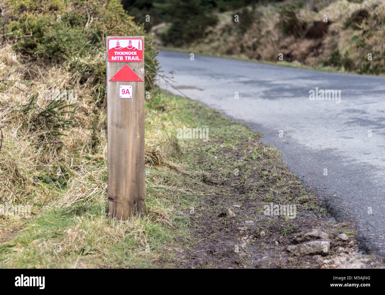 A sign for a mountain bike trail, Ticknock, Dublin. Stock Photo