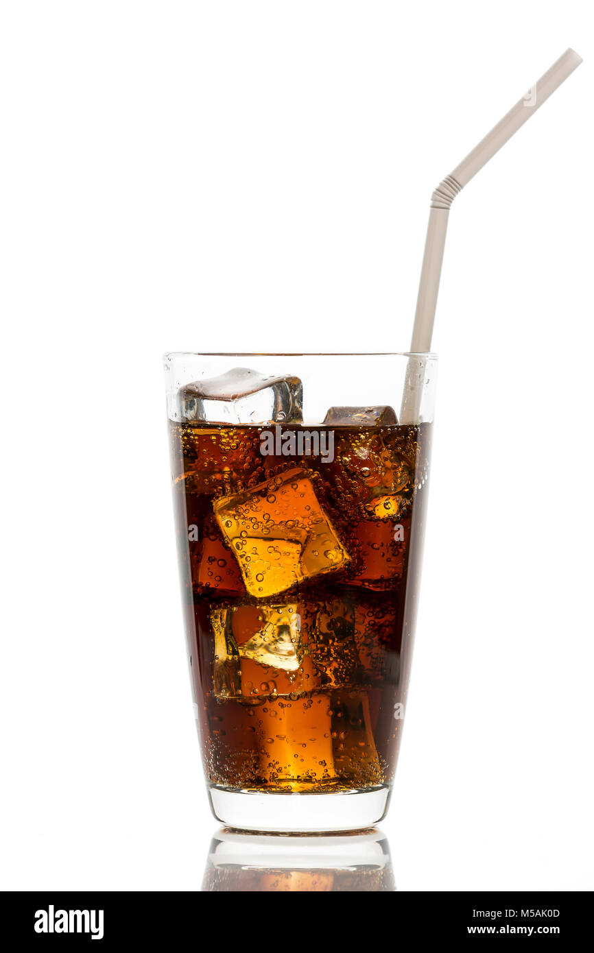 Glass of cola with ice cubes and straw isolated on white background ...