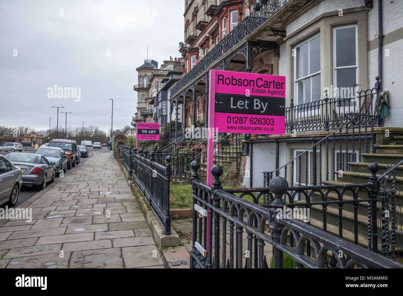 To Let signs outside Victorian terraced houses in Saltburn by the Sea