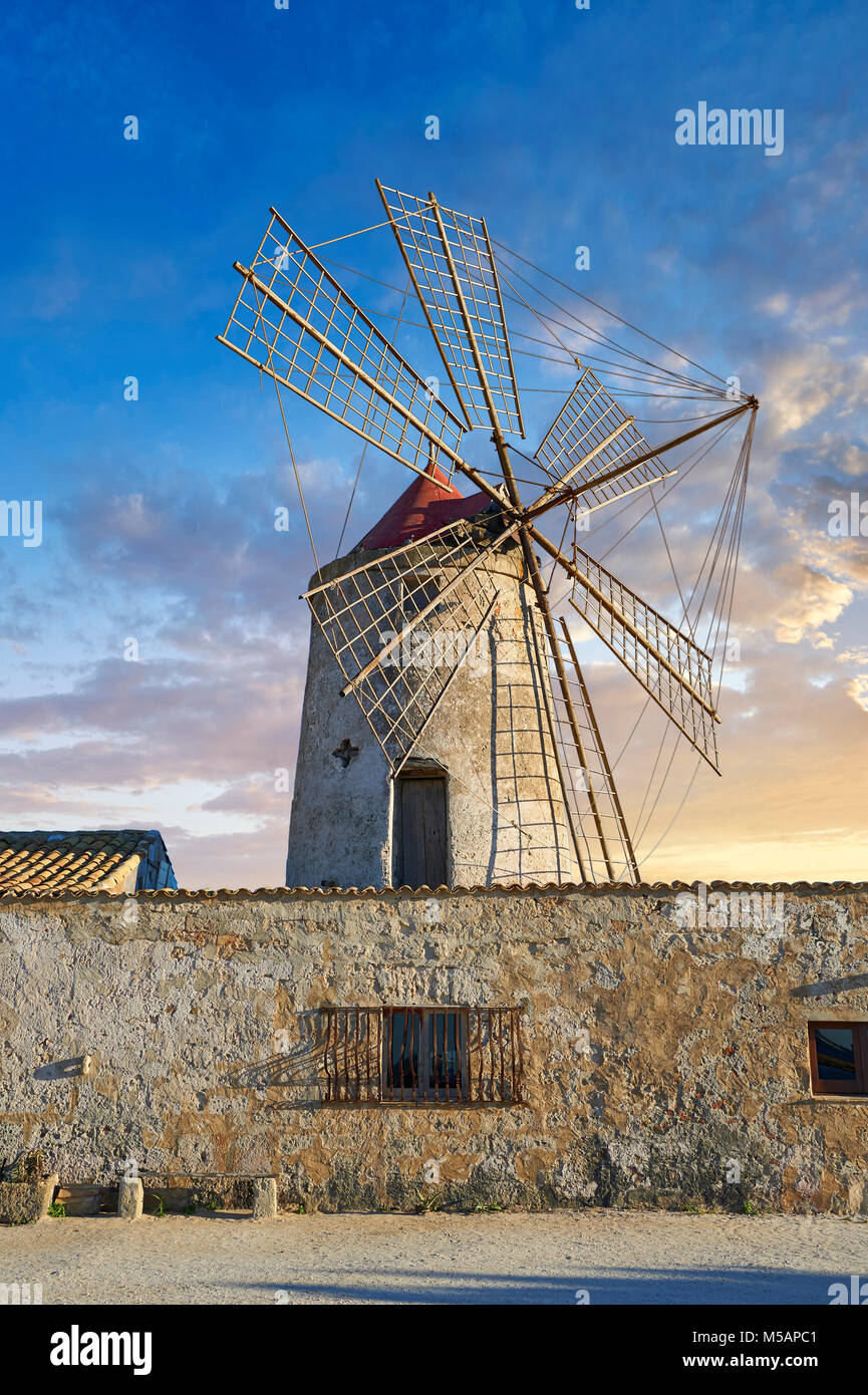 Pictures & images of Nubia Salt works Museum and Nubia wind mill,  World Wildlife reserve of Saline di Trapani and Paceco site, Trapani Sicily. Stock Photo